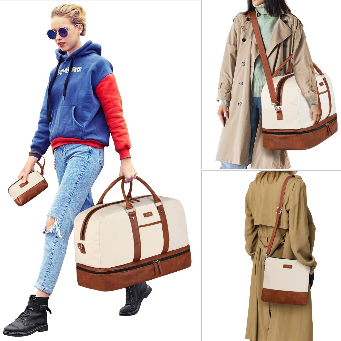 IBFUN Weekender Bag for Women, Large Overnight Bag Canvas Travel Duffel Bag Carry On Tote with Shoe Compartment 21" 3Pcs Set