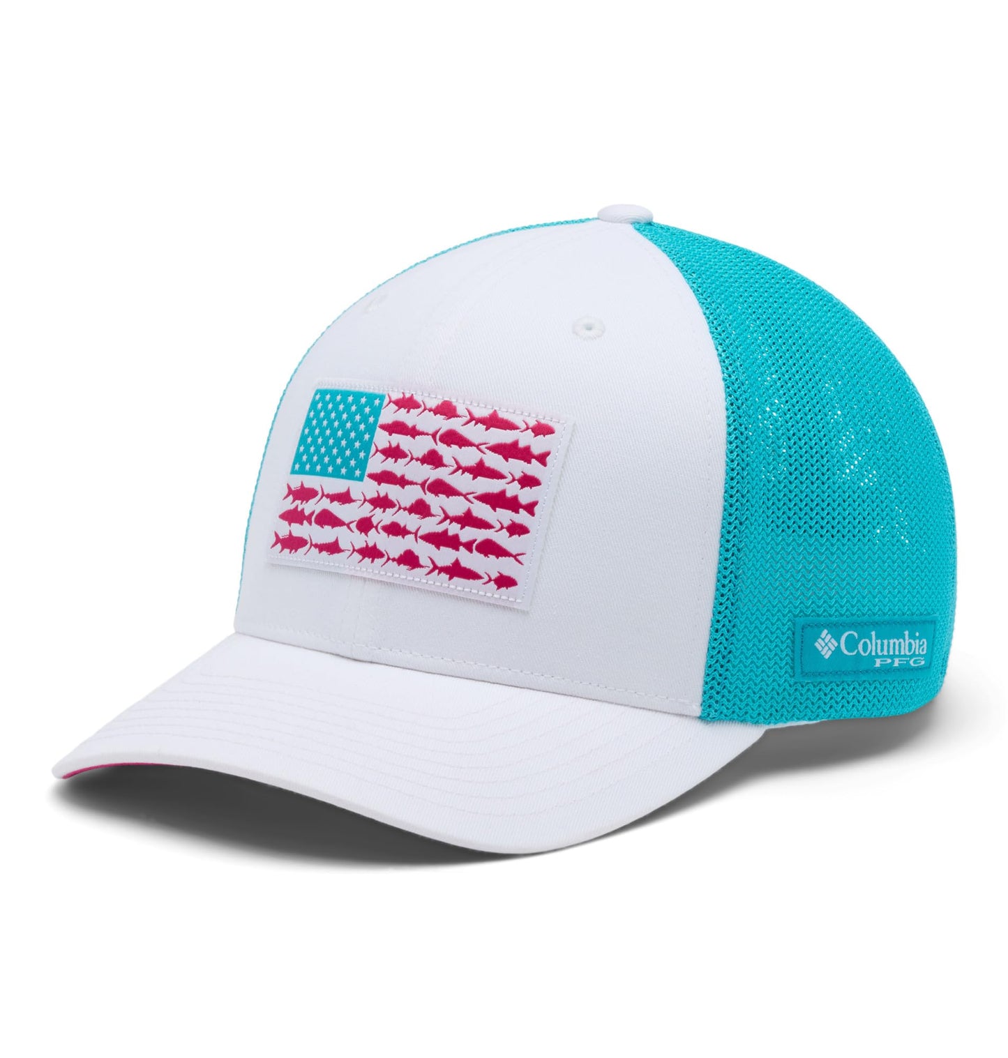 Columbia Unisex PFG Fish Flag Mesh Ball Cap, White/Guava Pink/Fish Flag, XX-Large