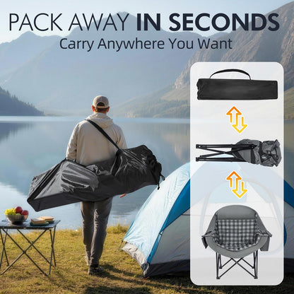 Oversized Camping Chairs for Adults - Heavy Duty Padded Outdoor Folding Lawn XL Camp Chair with Cup Holder Cooler Pockets for Outside Sports Beach Fishing Garden Portable Supports 500lbs, Grey