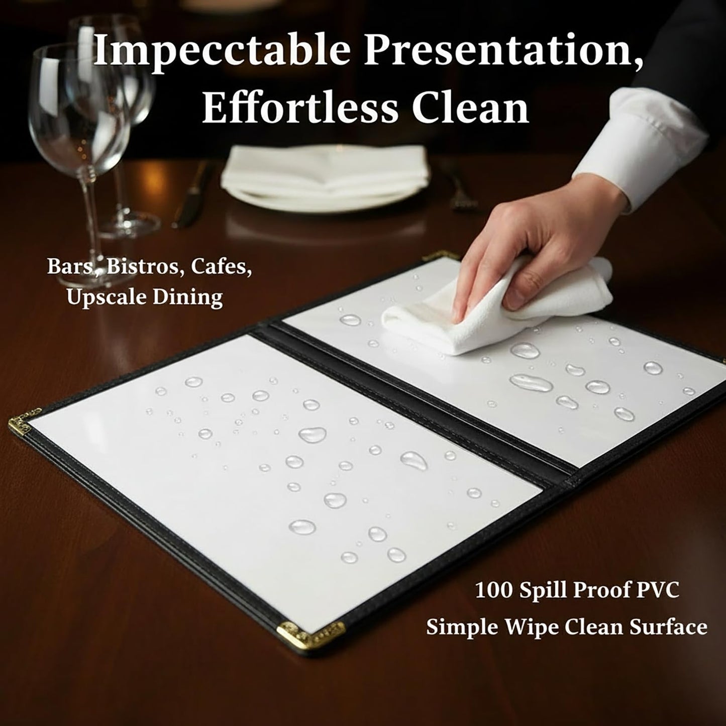 Restaurant Menu Covers 8.5 x 11 – Black Faux Leather Menu Holder with Gold Corners, 2 Pages 4 Views, Waterproof Menu Covers for Restaurants, Cafes & Bars