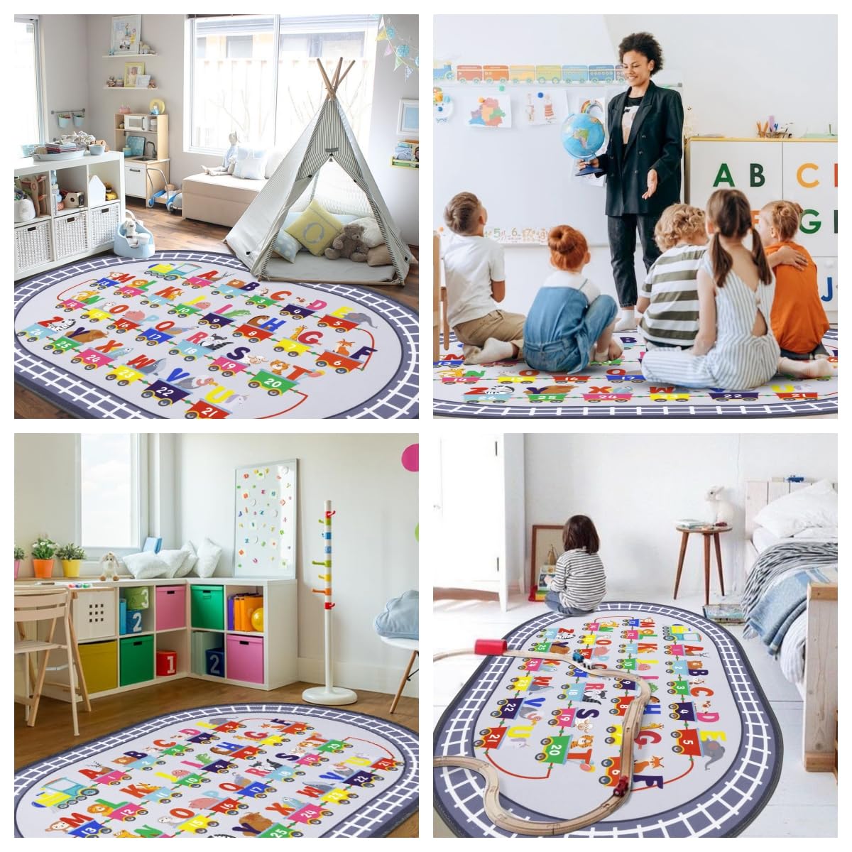 HiiARug Small Playroom Rug, Kids Playmat ABC Alphabet, Numbers, Train and Road Themed Play Mat Educational Floor Carpet for Classroom Kids Bedroom Decor,Grey, 3'3" x 5'