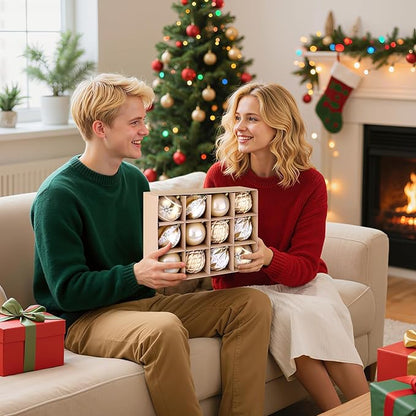 EveryMerry 12-Pack 3.15 Inch Christmas Ornaments Set - Champagne White Ornament Balls with 5 Various Designs with Strings, Sturdy, Kraft Box with Lid for Xmas Tree, Holiday Party & Home Decor