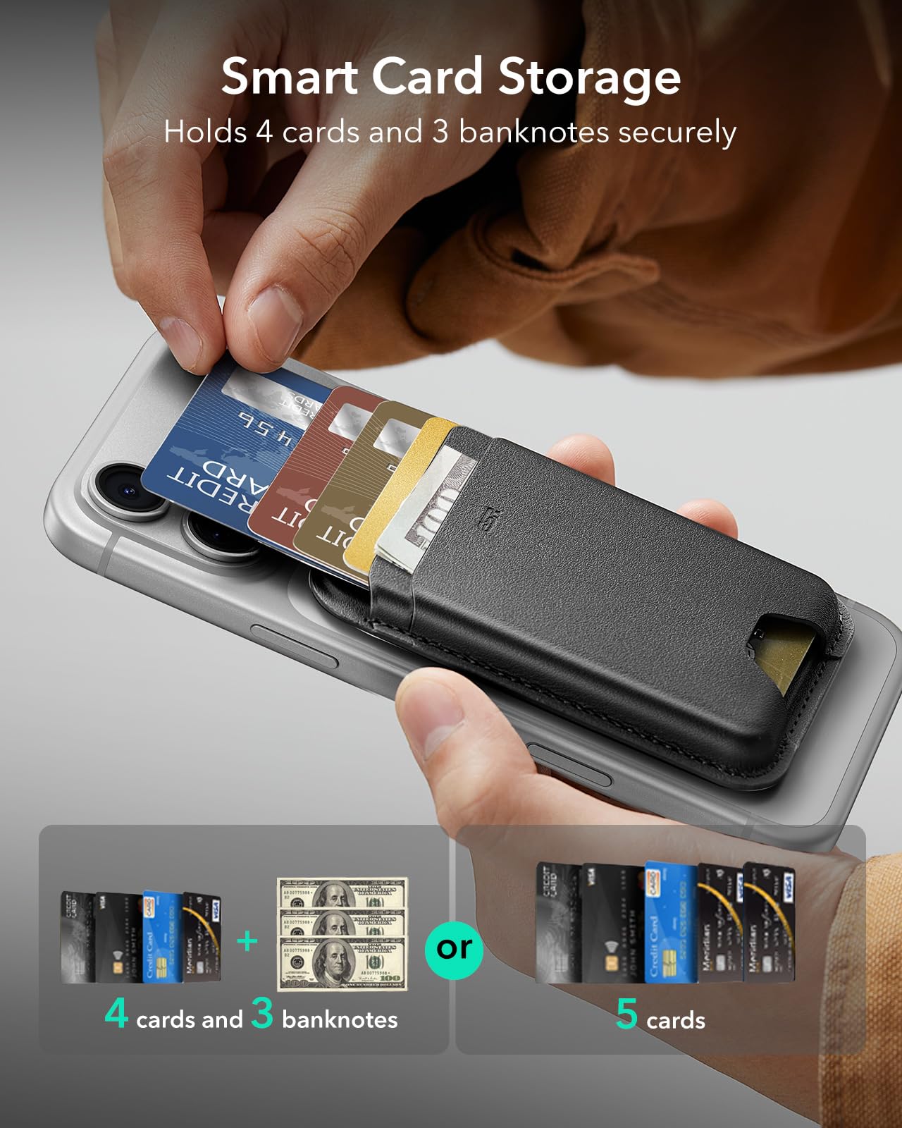 ESR for MagSafe Wallet, 5 Card Holder with RFID Blocking, MagSafe Sticker Included, Slim Magnetic Wallet for iPhone 17e/17/16/15/14/13/12 Series and Selected Samsung Devices, Not for 13/12 Mini, Black