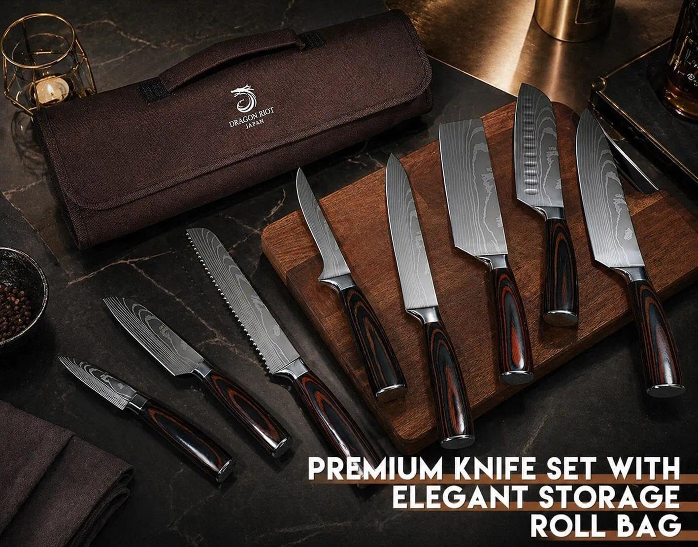 DRAGON ROIT Japanese Knives Set Damascus Pattern Chef Knife Set for Kitchen with Roll Bag, Sharp Stainless Kitchen Knife Set Brown Handle