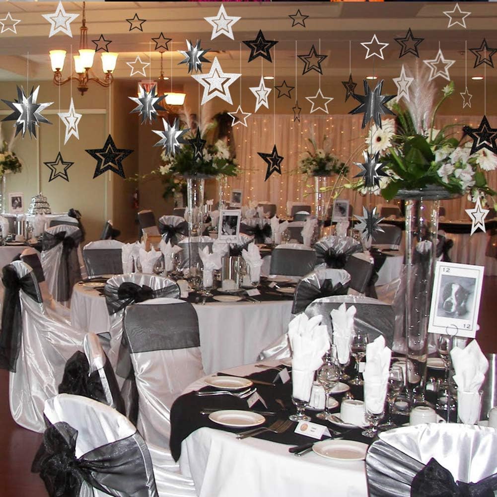 Cheerland Glitter Black Silver Party Decorations Star Garlands Starry Night Streamers Hanging Stars Birthday Twinkle Little Star Moon Decorations Graduation Halloween Wedding Bridal Ramadan NYE