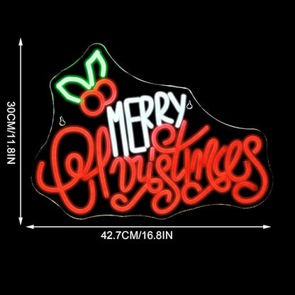 Merry Christmas Neon Sign, LED Sign XMAS Holly Berries for Christmas Decor, Holiday Wall Decoration, USB Powered, Adjustable Brightness