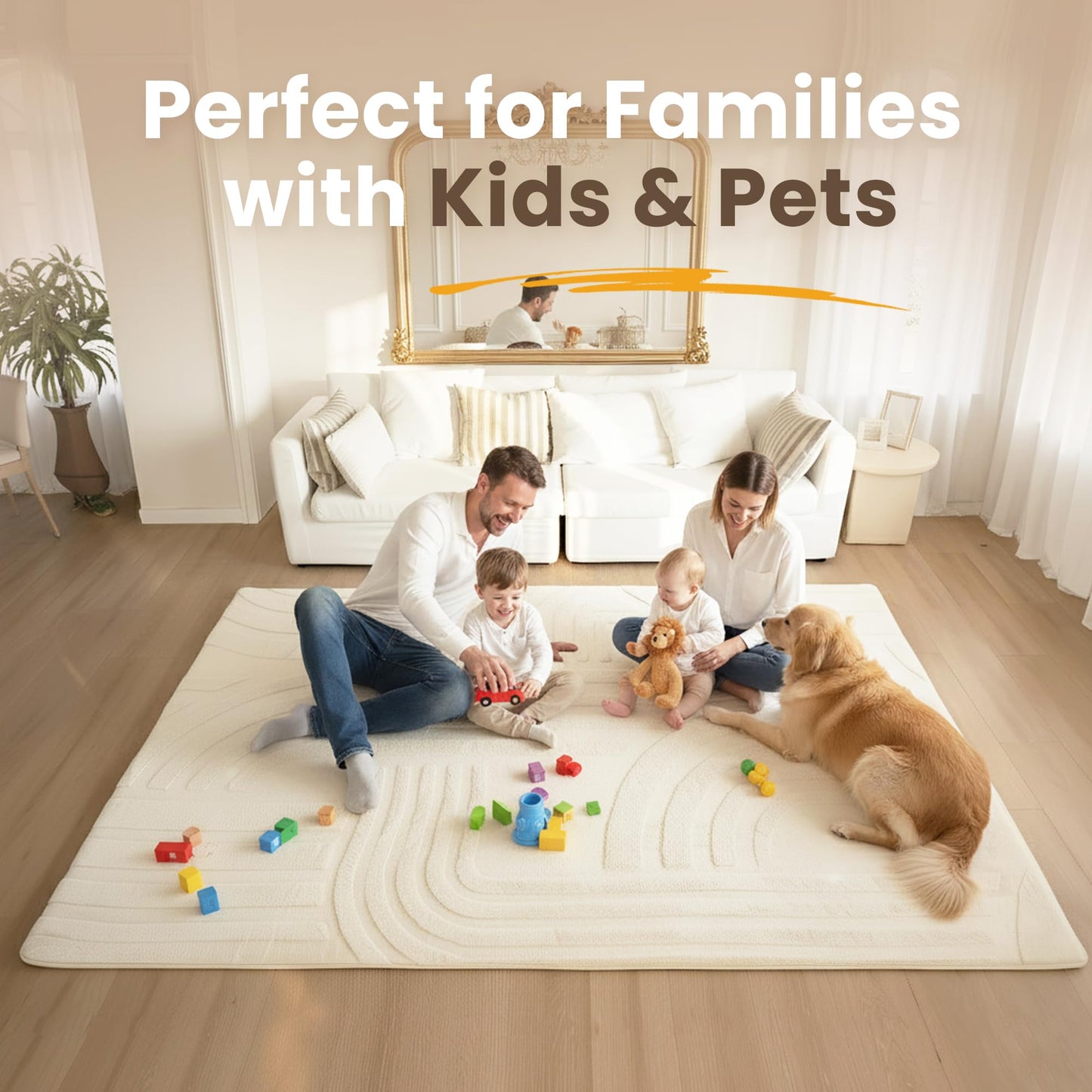 1.3" Thick Fluffy Baby Play Mat for Floor,Elasti Foam Padded Area Rug for Living Room Bedroom,Ultra Soft 3D Carved Kids Rug,Non-Slip Nursery Crawling Mat for Toddlers,4’x6’ Playroom Carpet(Cream)