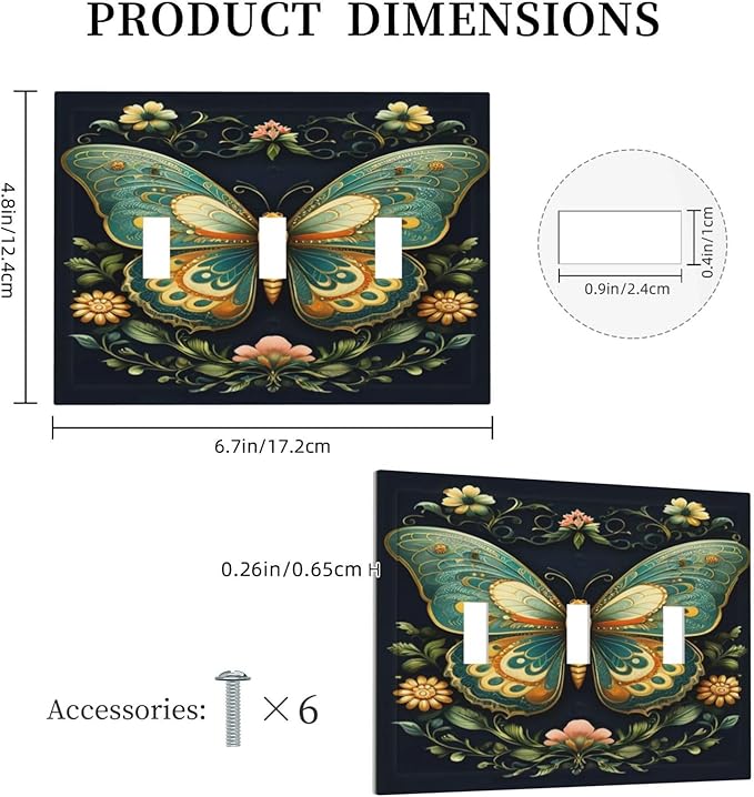 Butterfly Ornate with Flower Light Switch Covers 3 Gang Triple Toggle Wall Plate Decorative Switchplate Electrical Faceplate for Farmhouse Living Decor