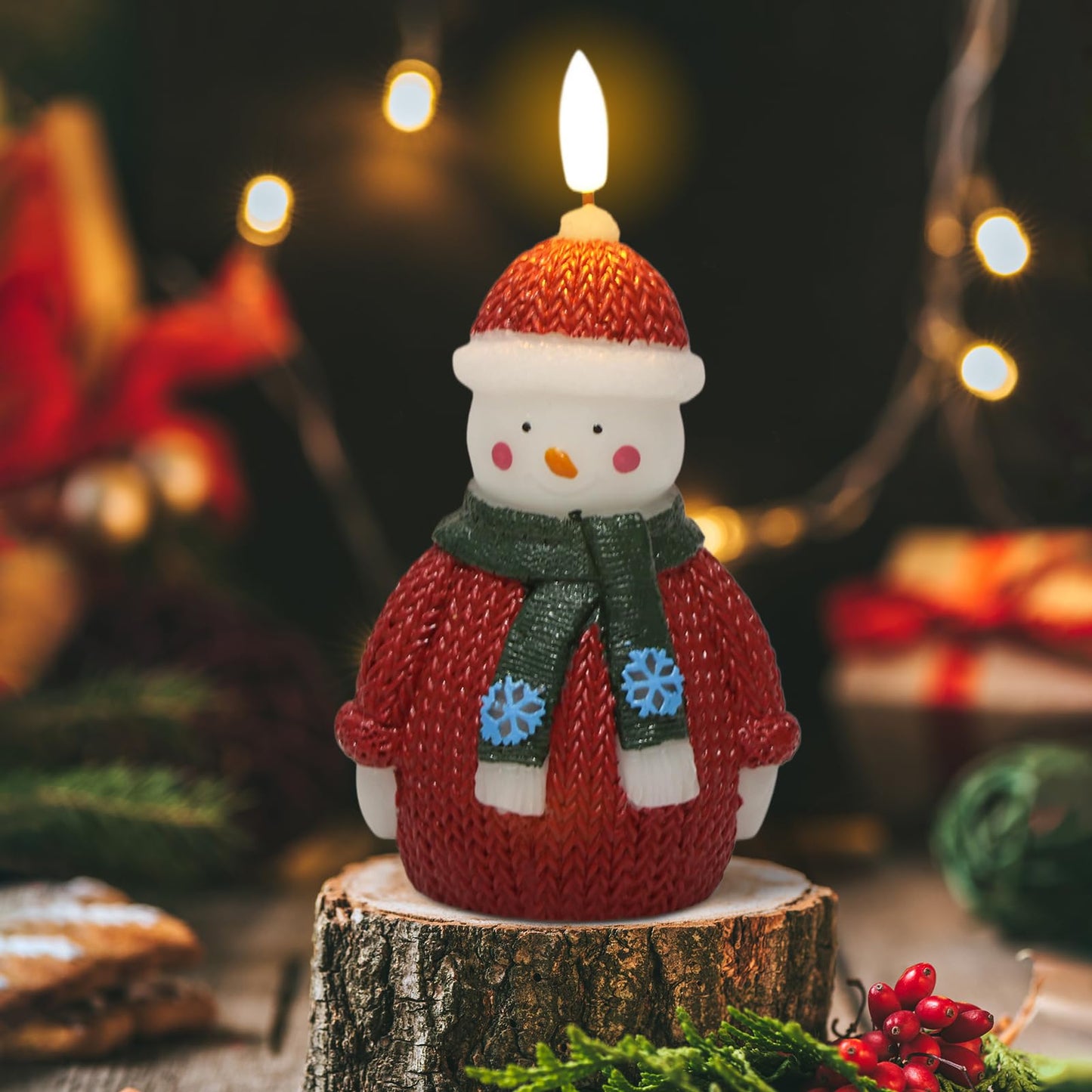 DRomance Snowman Flameless Flickering Candle Battery Operated with 6 Hour Timer Real Wax Hand-Painted LED Pillar Candle 3D Wick Indoor Christmas Holiday Decor(Sweater, 2.2" D x 5.7" H)
