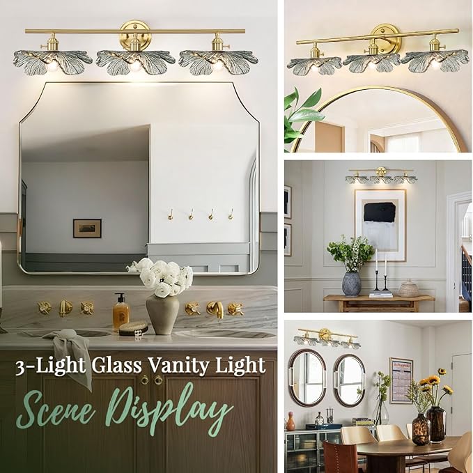 3 Light Bathroom Vanity Light Vintage Wall Sconce Gold Vanity lighting fixtures Over Mirror mid Century Modern Wall lamp with Dark Green Glass Shade Indoor Wall Light for Bedroom Hallway Living Room