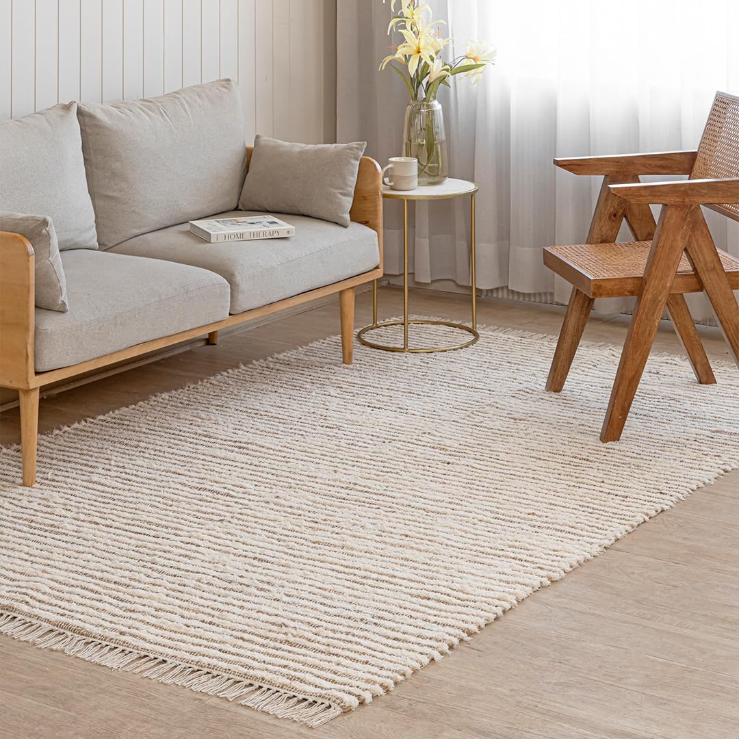 HOMEMONDE Jute Cotton Area Rug 6x9 ft Large Rectangle Hand Woven Natural Farmhouse Rugs for Living Room, Bedroom, Kitchen, High Traffic Area - Rustic Vintage Bohemian (Natural Offwhite)