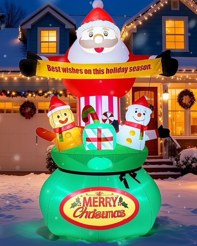 9FT Christmas Inflatables Outdoor Decorations,Blow Up Yard Decorations Santa Claus Snowman Gingerbread Man and Gift Bag,Built-in LED Lights for Garden Lawn Xmas Decor