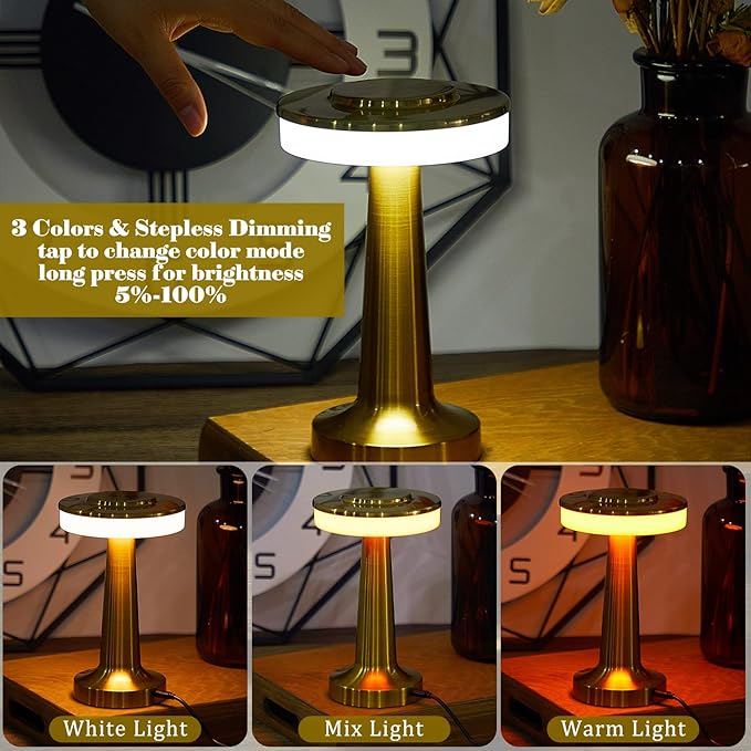 Riakrum Set of 2 LED Portable Cordless Table Lamp with Touch Sensor 3 Color Stepless Dimming Rechargeable Battery up to 15 Hours Cordless Table Light Wireless Lamp for Nursery(Gold,4 Pcs)