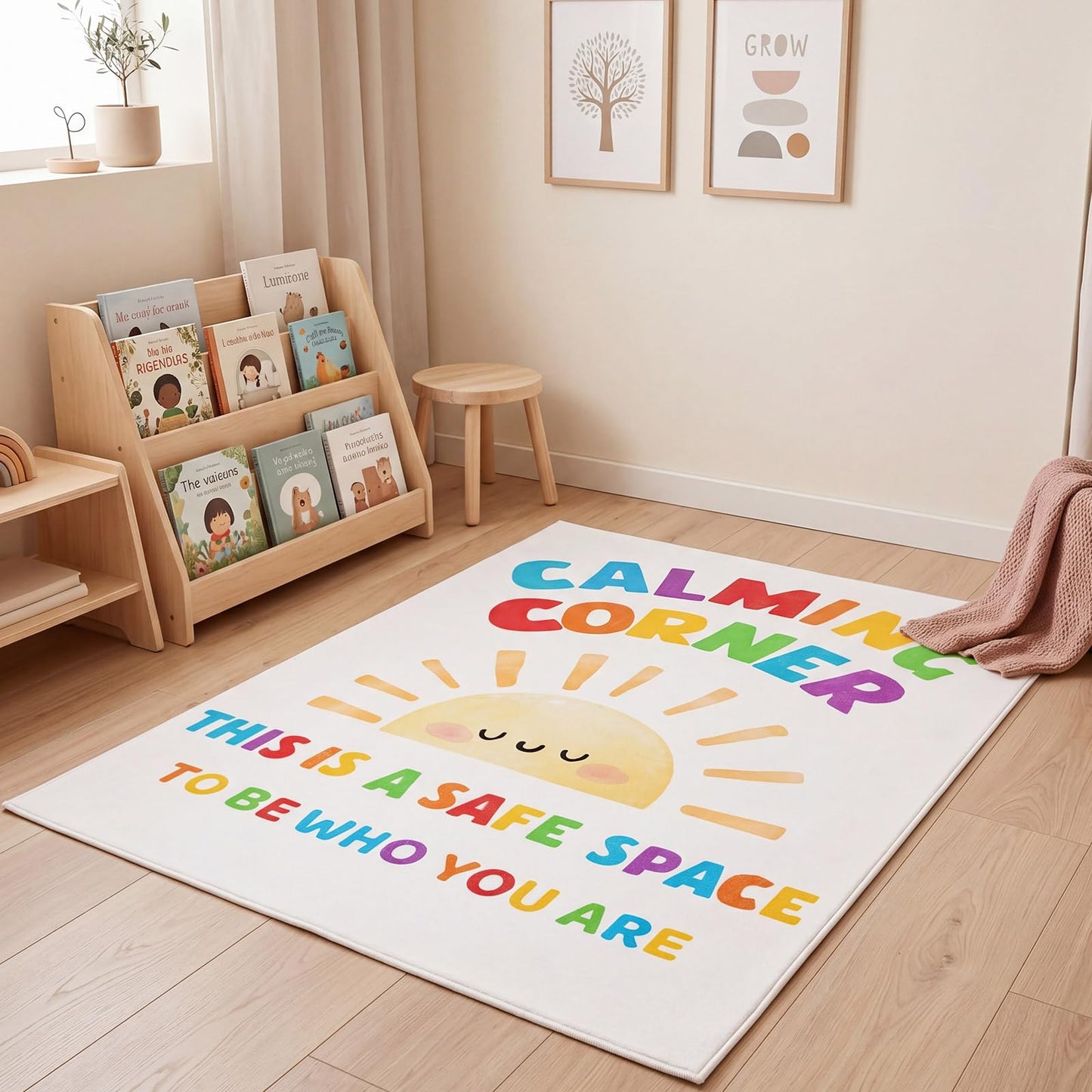 Maasechs 3 x 4 ft Calming Corner Classroom Rug, Sunshine Boho Area Carpet Corner Items Rug Educational Soft Floor Mat for Nursery Homeschool Playroom Elementary Back to School(Rainbow)