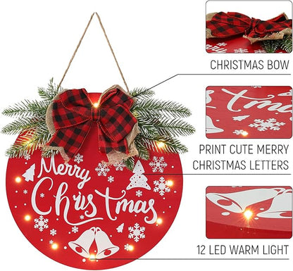 HOMCDALY Merry Christmas Welcome Sign for Front Door, Red X-mas Sign with Light, Holiday Door Decoration Wooden Hanging Sign, Christmas Decoration, Wall Art, Wall Decor(Red)