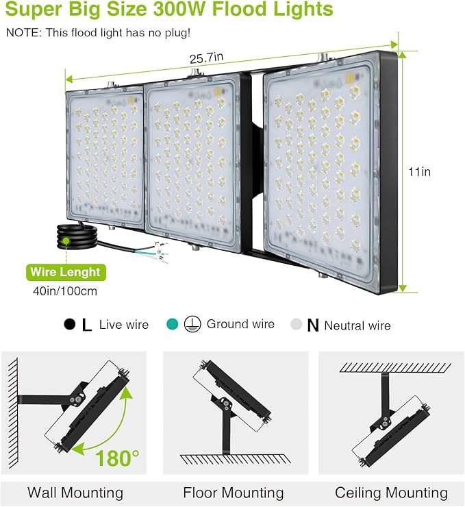 STASUN Flying Series Pro 300W 30000LM Outdoor LED Flood Light, 110V-130V, IP66 Waterproof, 6000K White, 3 Adjustable Heads for Stadium, Arena, Court, Commercial, Backyard, Street, and Parking Lot