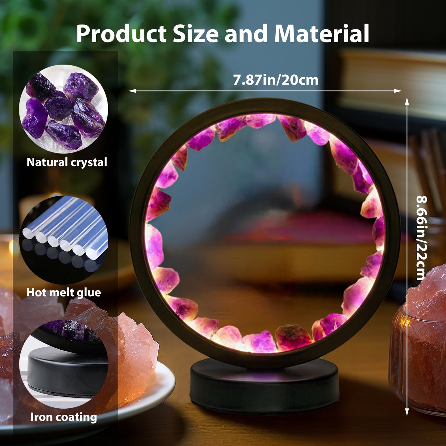 Runyangshi Runyansghi Amethyst Night Lamp 8.6'' Natural Healing Crystal Bedside USB Port 3 Colours Dimming Mode Bedroom Suitable Light for Living Room Office Home Decor Ideal Gift