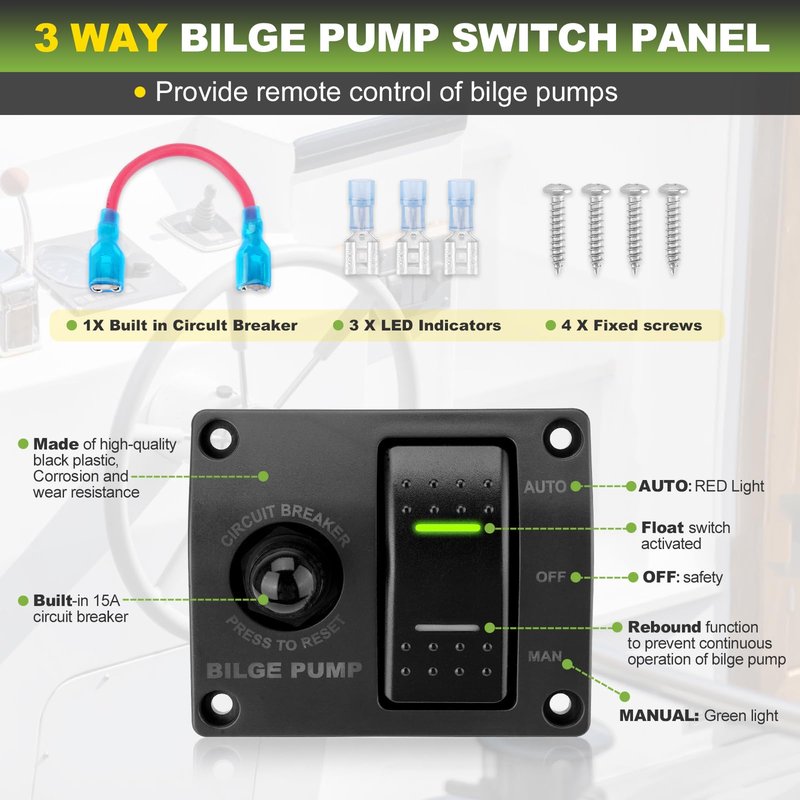 1100 GPH Automatic Boat Bilge Water Pump 12V with 3 Way Switch Panel & 1-1/8 Inch Dia Bilge Pump Plumbing Kit Ideal for Fishing Boats, Cruisers, Runabouts, Yachts