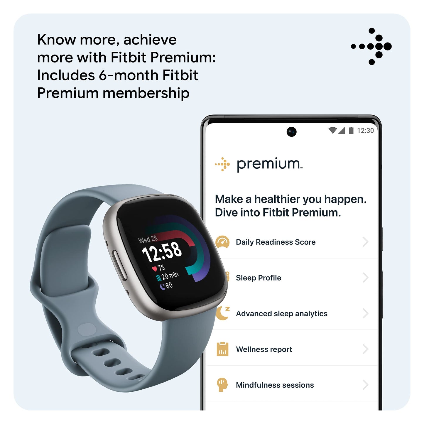 Fitbit Versa 4 Fitness Smartwatch with Daily Readiness - 3-Month Google Health Premium Membership Included - GPS, 24/7 Heart Rate, 40+ Exercise Modes, Sleep Tracking - Waterfall Blue/Platinum,