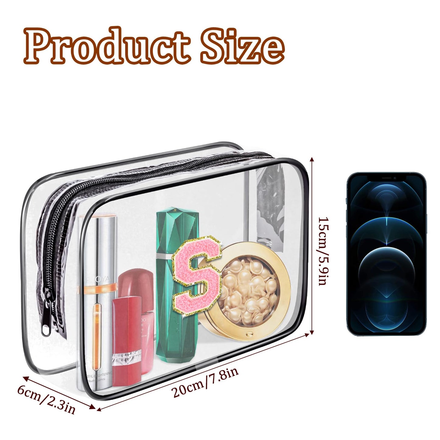 Fodofodo Clear Toiletry Bag,Portable Travel Toiletry Bag,Chenille Letter Cosmetic Bag with Zipper,Waterproof Makeup Bag,Cosmetic Storage Organizer for Women Men,Travel Essentials (Black,M)