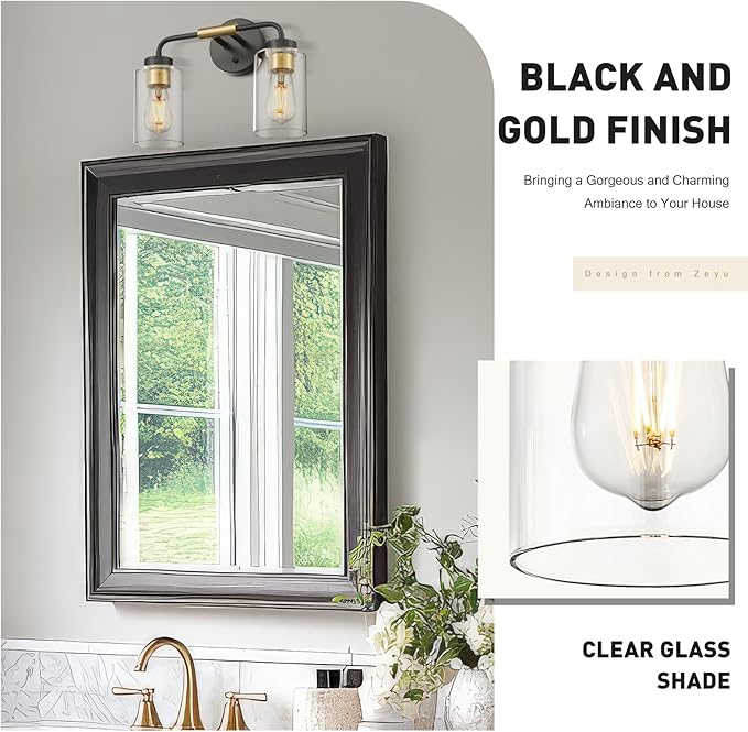 zeyu 2-Light Modern Vanity Lighting Fixture, 14 Inch Black and Gold Bathroom Light Fixture with Clear Glass Shade, ZS62B-2W BK+BG