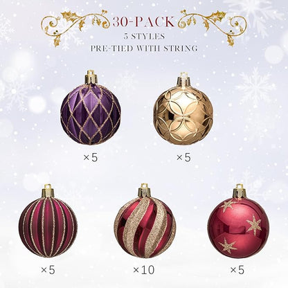 JORNOY Christmas Balls Ornaments, 30ct Shatterproof Xmas Tree Decorations, Hanging Bulbs Baubles Set with String for Holiday Home Party Decor, 2.36 inch/60mm, Jewel Tone