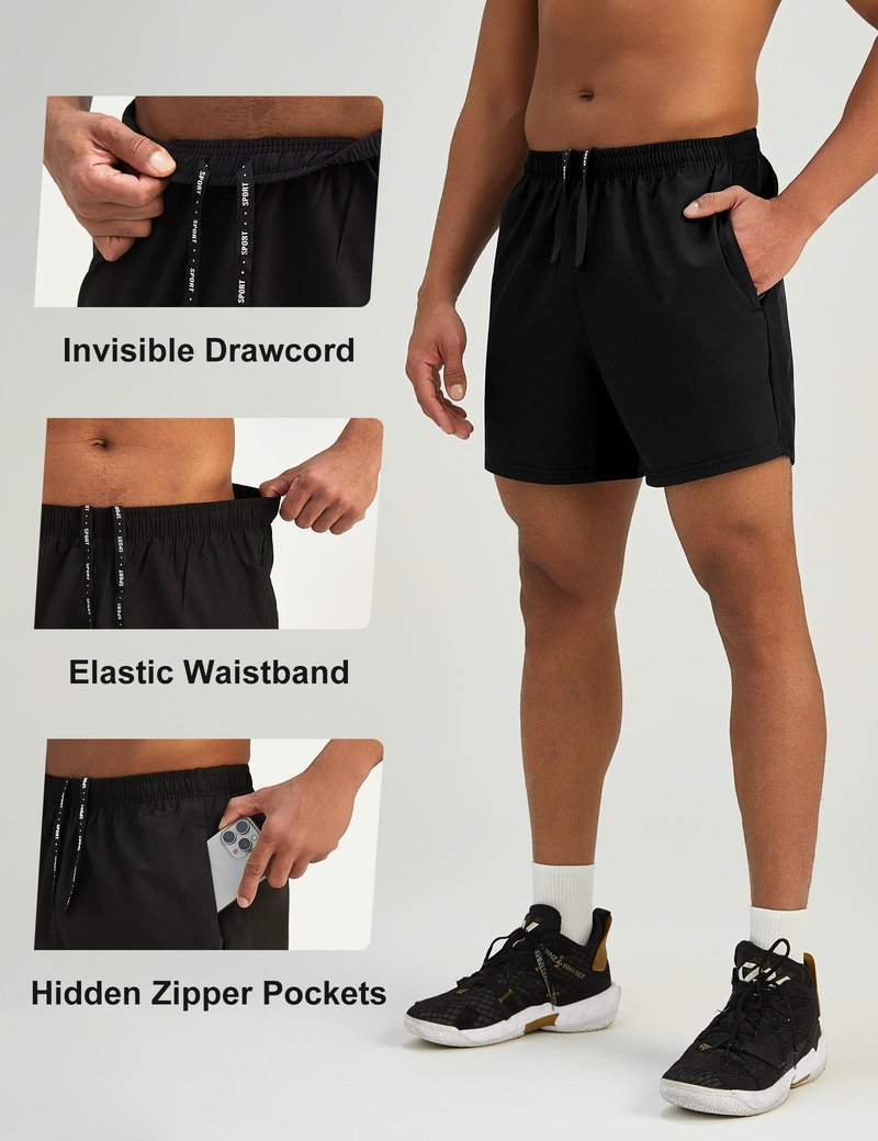 Pesfix Mens 5'' Lightweight Athletic Shorts Quick Dry Gym Workout Running Shorts with Zipper Pockets Black,Large