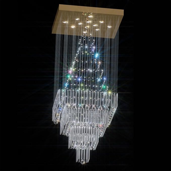 Flashing God D32''X H79'' Extra Large Chandeliers for High Ceilings Square Crystal Raindrop Gold Chandeliers Large Villa Chandelier Entrance Foyer Ceiling Light LED Dimmable 2700K-6000K
