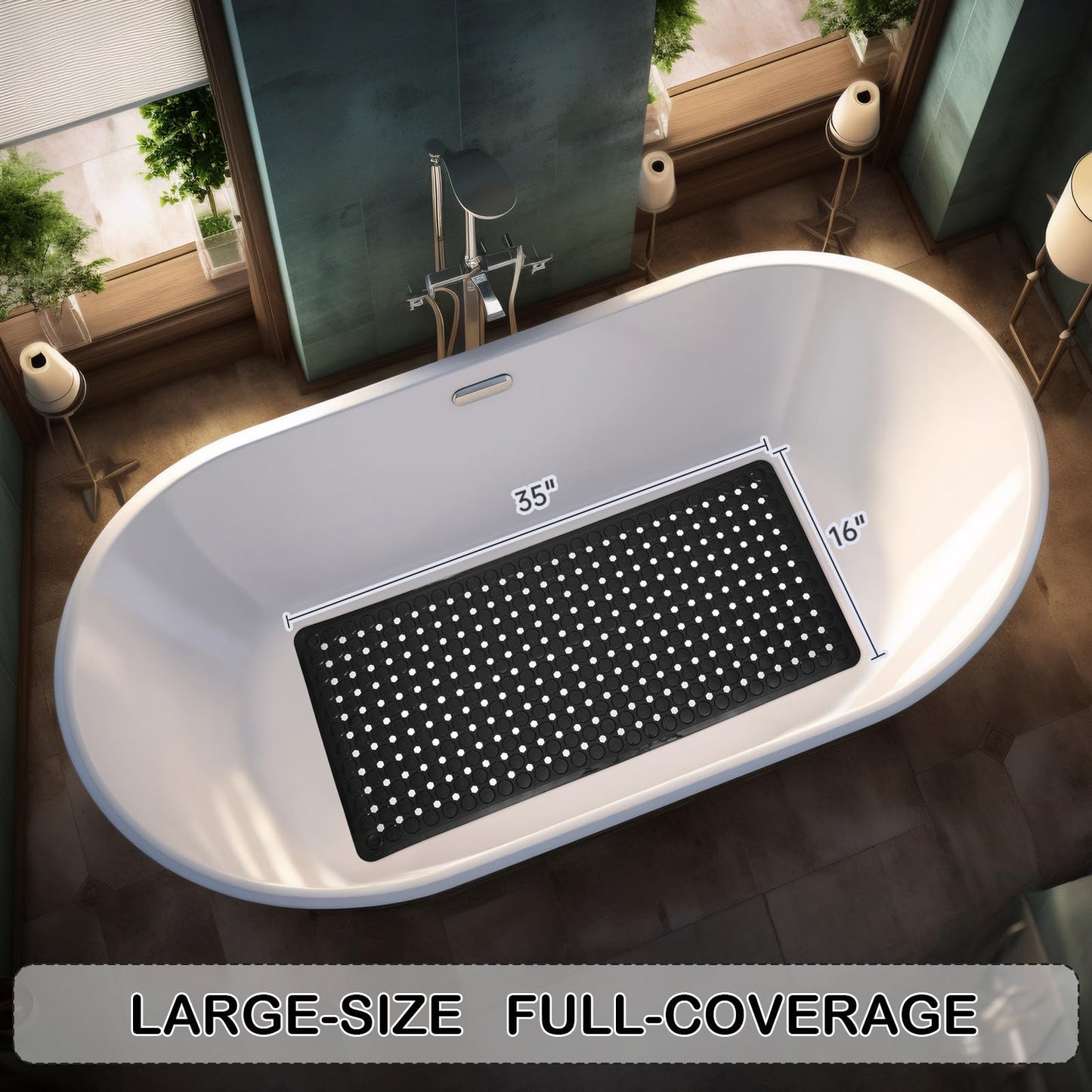 Linoows Non-Slip Bathtub and Shower Mats, Power Grip Bath Mat 35 x 16.3 Inch with Suction Cups and Drain Holes for Tub Bathroom Floor Safety, Machine Washable Soft Bathmat, Black