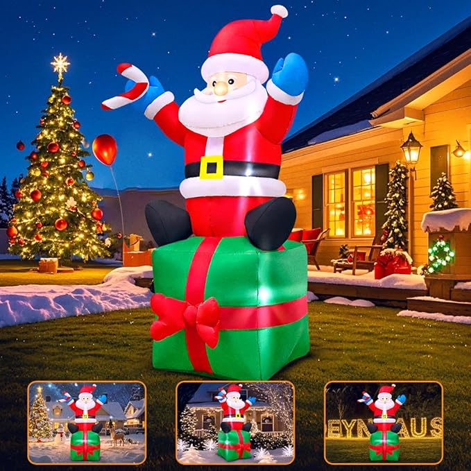 KOOY 6FT Christmas Santa Inflatables Outdoor Decorations Santa Claus with Gift Box Blow Up Yard Decorations,Built-in LED Lights for Outdoor Christmas Party Yard Garden Lawn Xmas Decoration