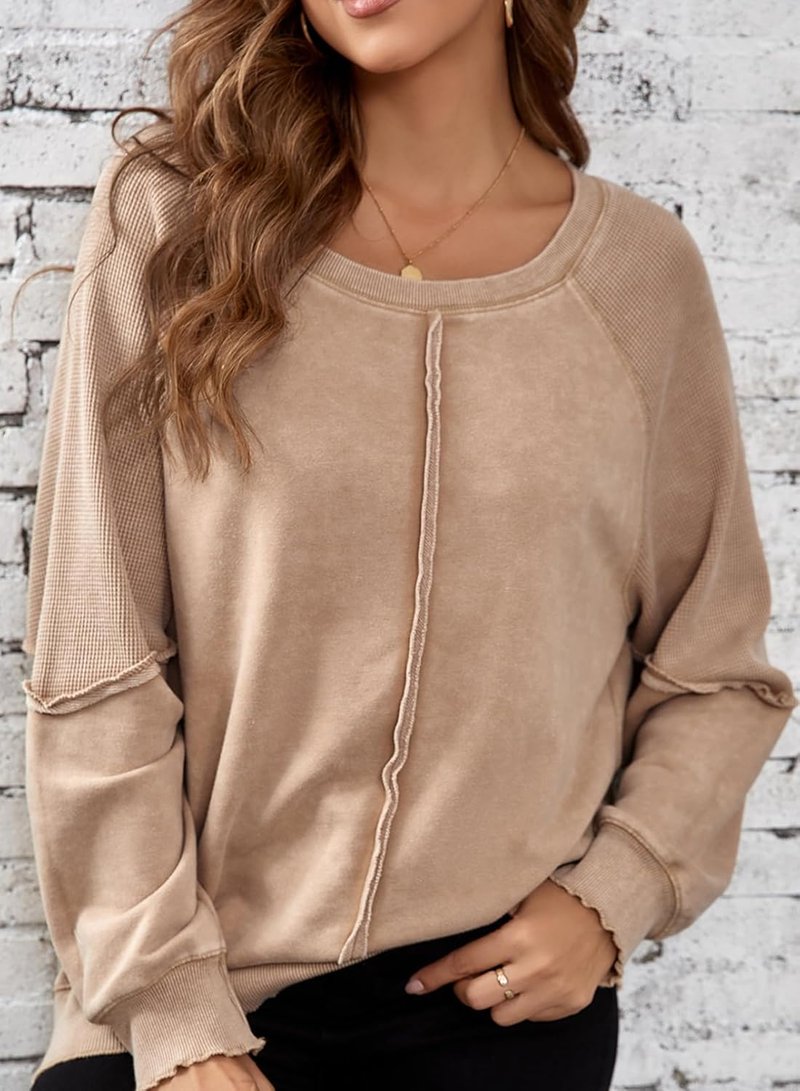 Women's Oversized Crewneck Sweatshirt - Casual Off-The-Shoulder Waffle Knit Pullover