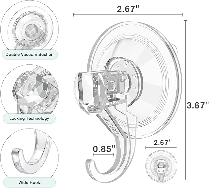 VIS'V Wreath Hanger, Large Suction Cup Wreath Hooks, Heavy Duty, 22 LB Capacity, Removable and Reusable, Clear, 6 Pcs