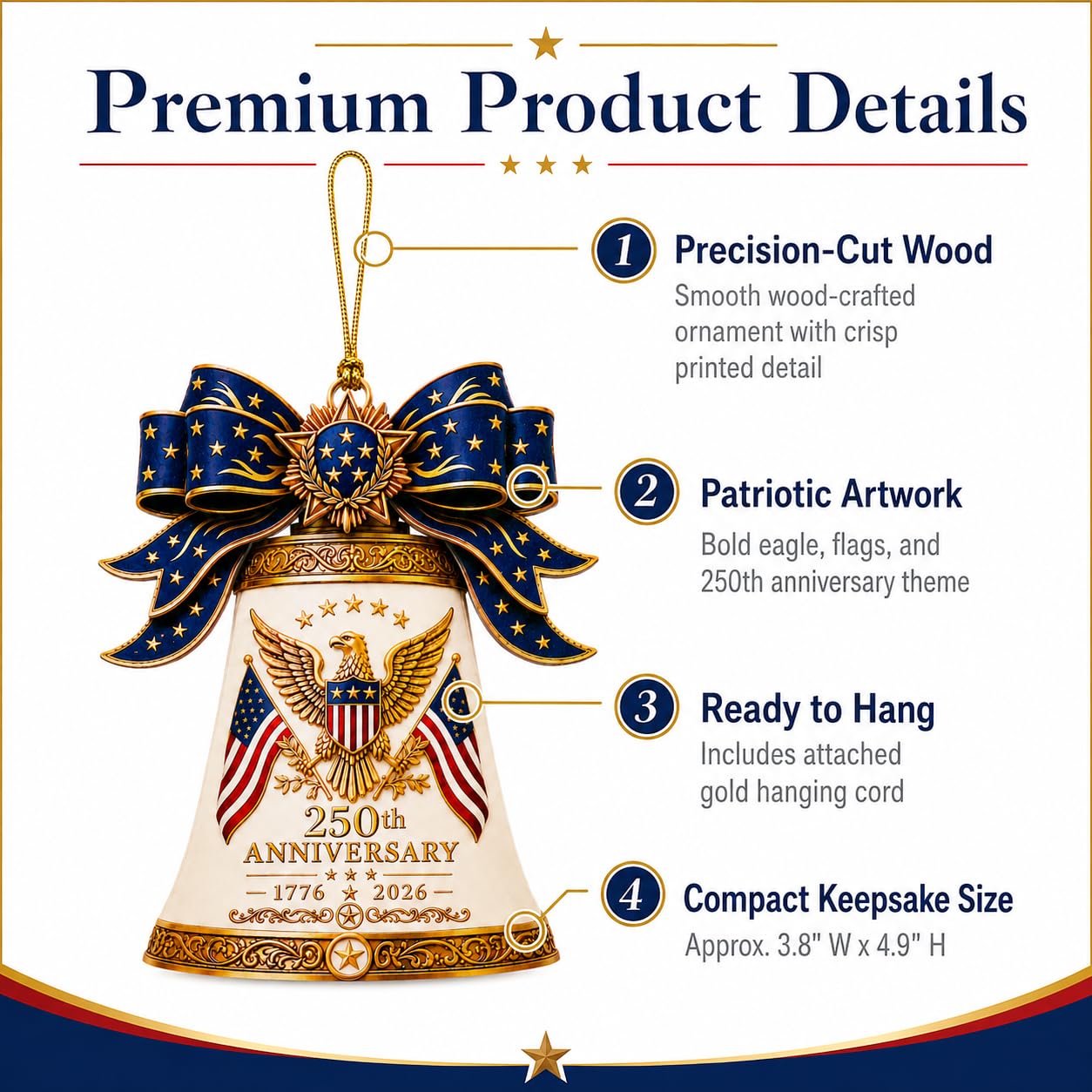 White Liberty Bell 250 Anniversary USA Ornament, America 250th Merchandise, Fourth of July Decorations, Patriotic Decor, USA 250th Anniversary 4th of July Gifts, America 250th Birthday Gifts