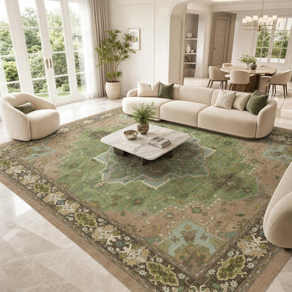 AMADA HOMEFURNISHING 8x10 Area Rug for Living Room, Vintage Washable Area Rug Low-Pile & Non-Slip Carpet for Bedroom Dining Room Nursery Home Office, Green