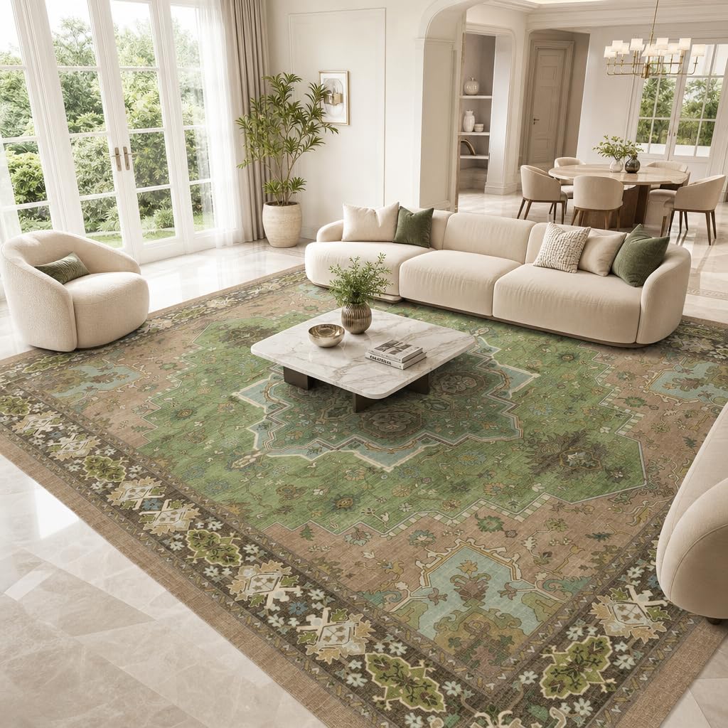 AMADA HOMEFURNISHING 9x12 Area Rug for Living Room, Vintage Washable Area Rug Low-Pile & Non-Slip Carpet for Bedroom Dining Room Nursery Home Office, Green