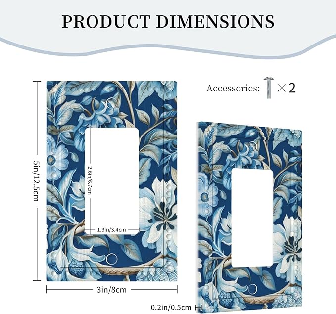 Blue Flowers Branches Leaves Floral Pattern Single Decora Outlet Wall Plate 1 Gang Rocker Decorative Switchplate Faceplate GFCI Light Switch Covers for Home Living Decor