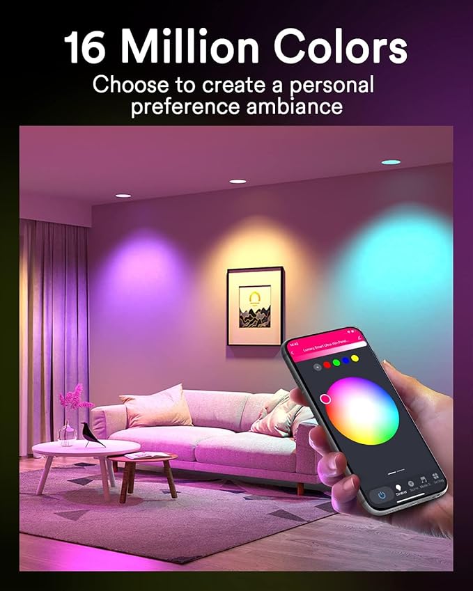 Lumary Black Smart WiFi Recessed Lights 6 Inch, Color Changing LED Recessed Lights with J-Box 13W 1000LM, Dimmable Canless Wafer Downlight, Compatible with Alexa/Google Assistant, ETL Listed, 4 Pack