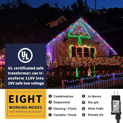 XTF2015 105ft 300 LED Christmas String Lights, End-to-End Plug 8 Modes - UL Certified - Outdoor Indoor Fairy Lights for Tree, Patio, Garden, Party, Wedding, Holiday (Multicolor)