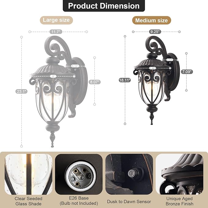 18in Dusk to Dawn Outdoor Wall Light for House, Bronze Exterior Wall Lantern for Garage, Aluminium Porch Door Lights Fixture with Clear Seeded Glass Shade for Entryway, Front Door