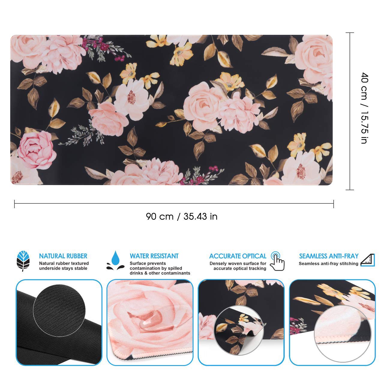 iCasso Extended Gaming Mouse Pad, Large Non-Slip Rubber Base Mousepad with Stitched Edges, Waterproof Keyboard Mouse Mat Desk Pad for Work, Game, Office, Home - Peony
