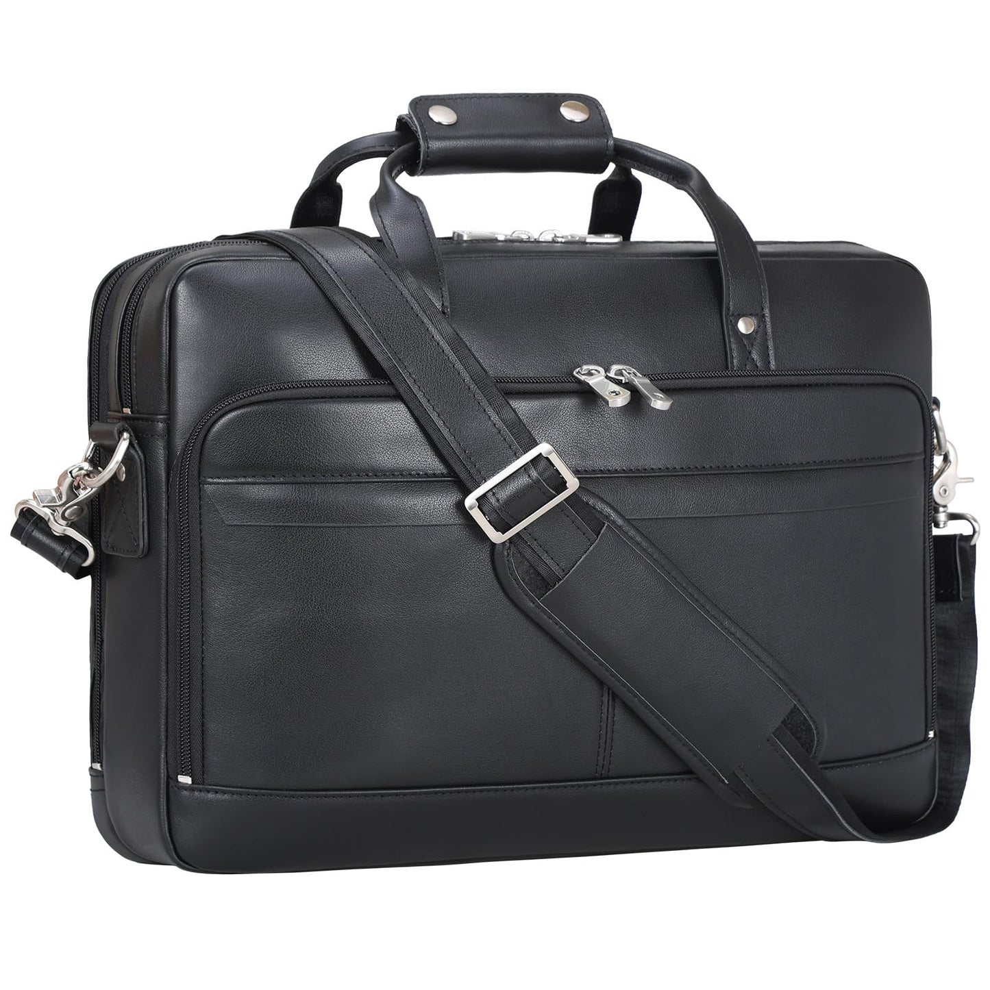 Masa Kawa Black Leather Briefcase for Men 15.6 Inch Laptop Crossbody Shoulder Messenger Professional Office Bag Attache Brief Case Handbag Gifts for Business Travel Work Lawyer, Medium