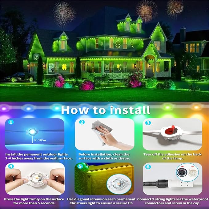 200FT Permanent Outdoor RGB Lights,IP67 Waterproof Smart LED Eaves Lights with App/Remote Control,for Christmas and All Holiday Decor,Daily and Accent Lighting,House Roof and Garden Lighting