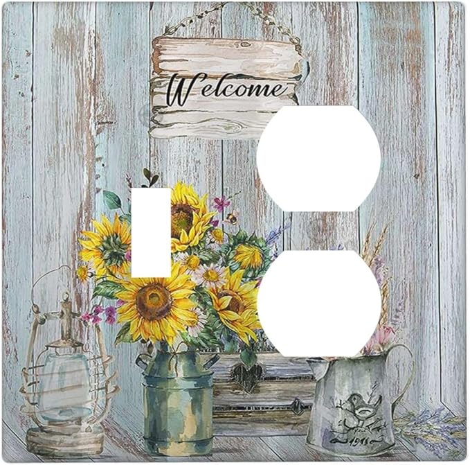 Decorative Light Switch Cover Plate Country Flower Vintage Wood Board Sunflower Butterfly 2 Gang Outlet Covers 1 Toggle 1 Duplex Wall Plate Decorate Electrical Switch Plate Covers for Bathroom Home