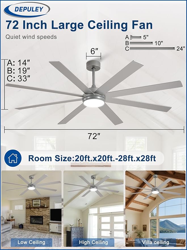 Depuley 72" Ceiling Fans with Lights: Large Indoor/Outdoor Ceiling Fan for Patios Living Room - 8 Blades Silver Dimmable Ceiling Fans with Remote APP Control Timer Reversible Quiet DC Motor 6 Speeds
