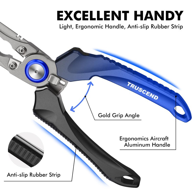 TRUSCEND Lockable Fishing Pliers with High Tungsten Carbide Cutter, Innovative Ergonomic Handy Handle, Saltwater Corrosion Resistant Teflon Coated Fishing Tool, Super Light Multi-Function Fishing Gear
