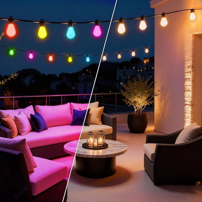 Outdoor String Lights 118FT Smart Patio Lights with APP Control, 36 LED Bulbs RGB IC Warm White, IP65 Waterproof Color Changing for Christmas, Patio, Backyard, Garden, Party, Holiday Decor