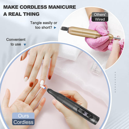 Cordless Nail Drill, 35000RPM Professional Efile Nail Drill Machine, LCD Display Rechargeable Portable Electril Nail Drill with 12pcs Bits and 6pcs Sanding Bands for Acrylic Nails Gel Polish Remover