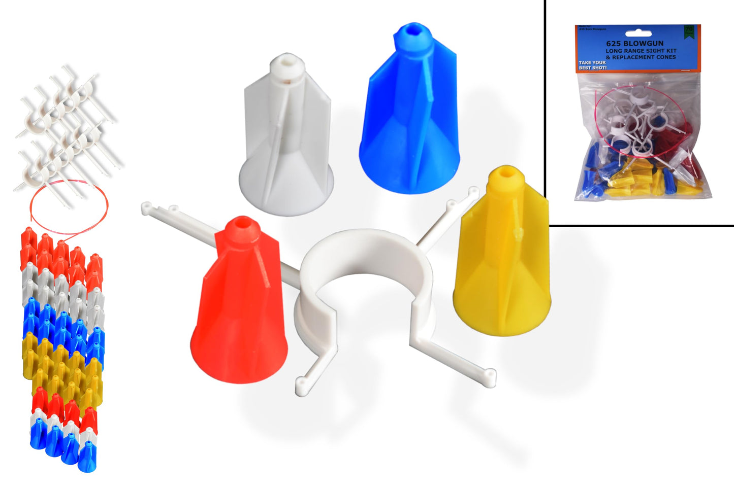 FSFF .625 Blowgun Long Range Sight and Replacement Cone Kit for Darts, Big 70 Pack, fletched fit All Steel 2 and 2.5mm Dart Shaft, snap Sight on Blowgun Tubes Accuracy and Distance Bright 625 Cones