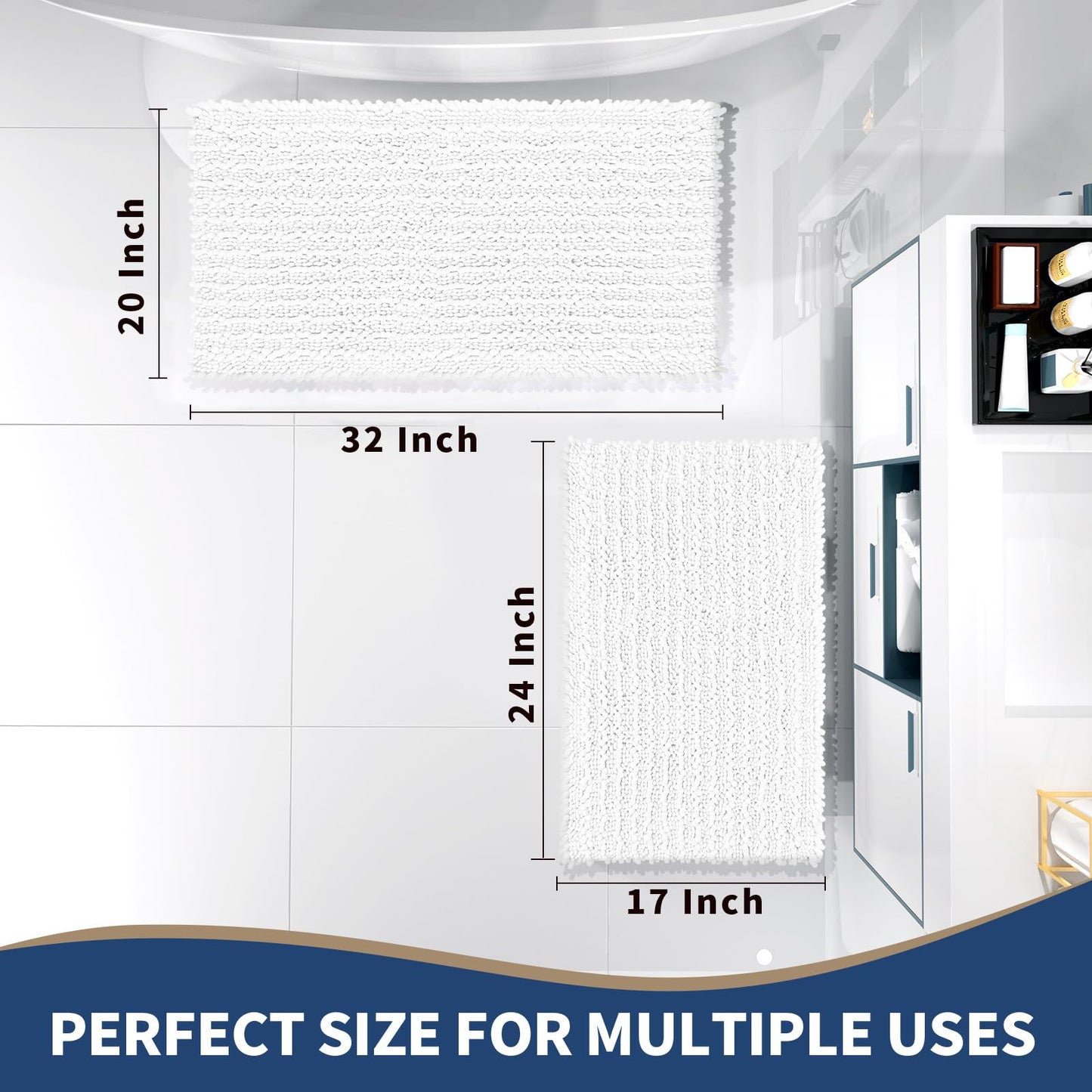 Yimobra Bathroom Rugs Sets 2 Piece - Quick Dry Extra Thick Luxury Chenille Bath Mat, Non Slip Super Absorbent for Tub Shower Sink, Machine Washable Shaggy Floor Mat, 32"x20"+24"x17" Inch, White