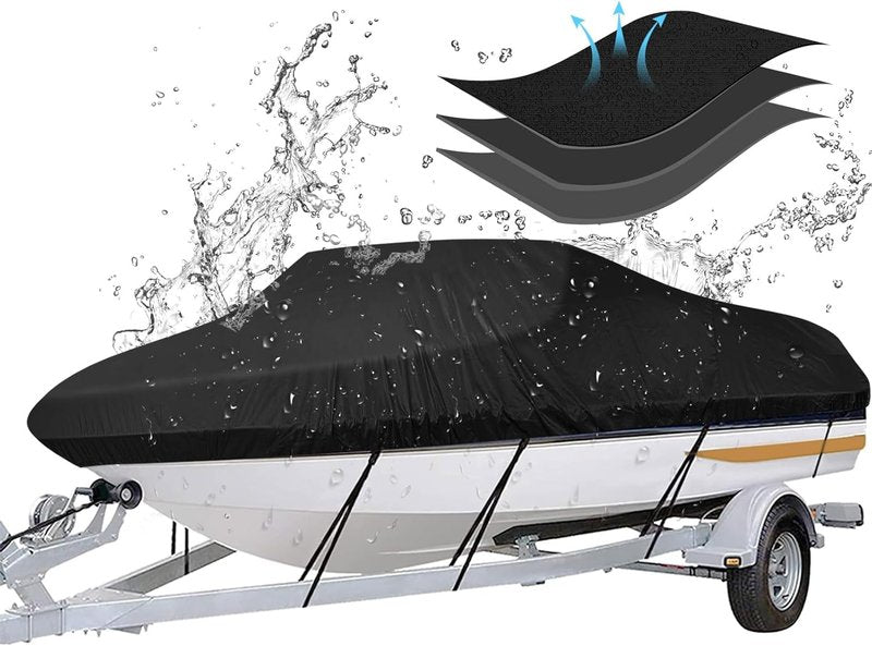 Trailerable Boat Cover - Heavy Duty Waterproof Tarp for V-Hull & Fishing Boats | Fits 14'-16' Length, 90" Width